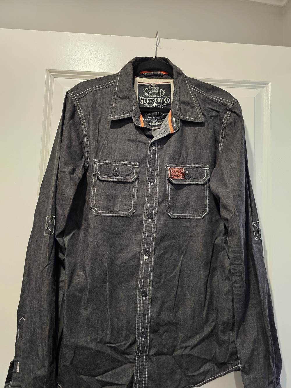 Superdry Men's Dark Gray Button-Front Shirt Jacket with Contrast Stitching